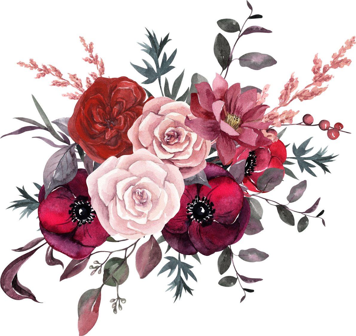 Watercolor anemones, red and white roses floral bouquet